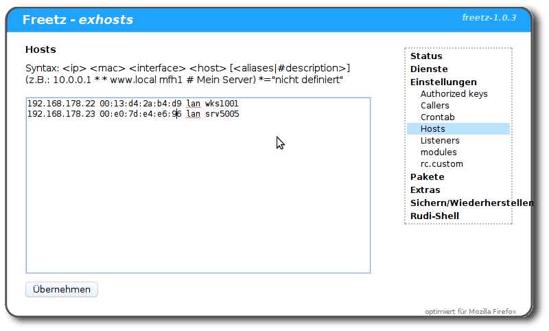 Freetz - Hostkonfiguration - IP-Mac