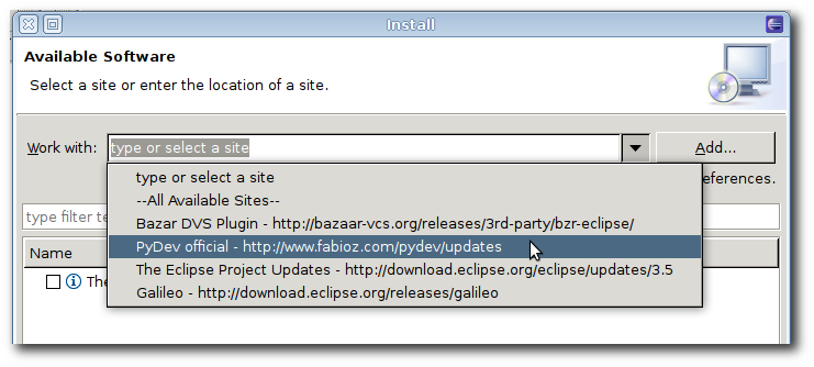 Eclipse Software installation für PyDev und Bazar (bzr)