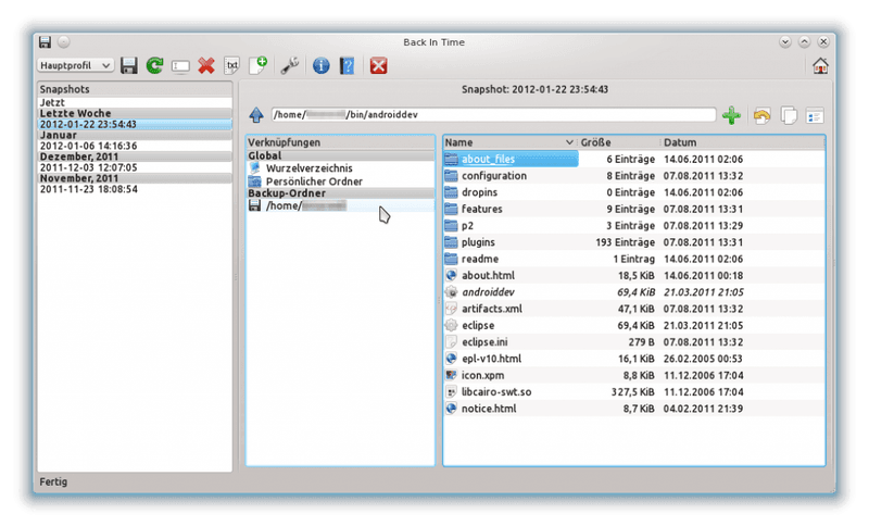 Back in Time: Hauptfenster