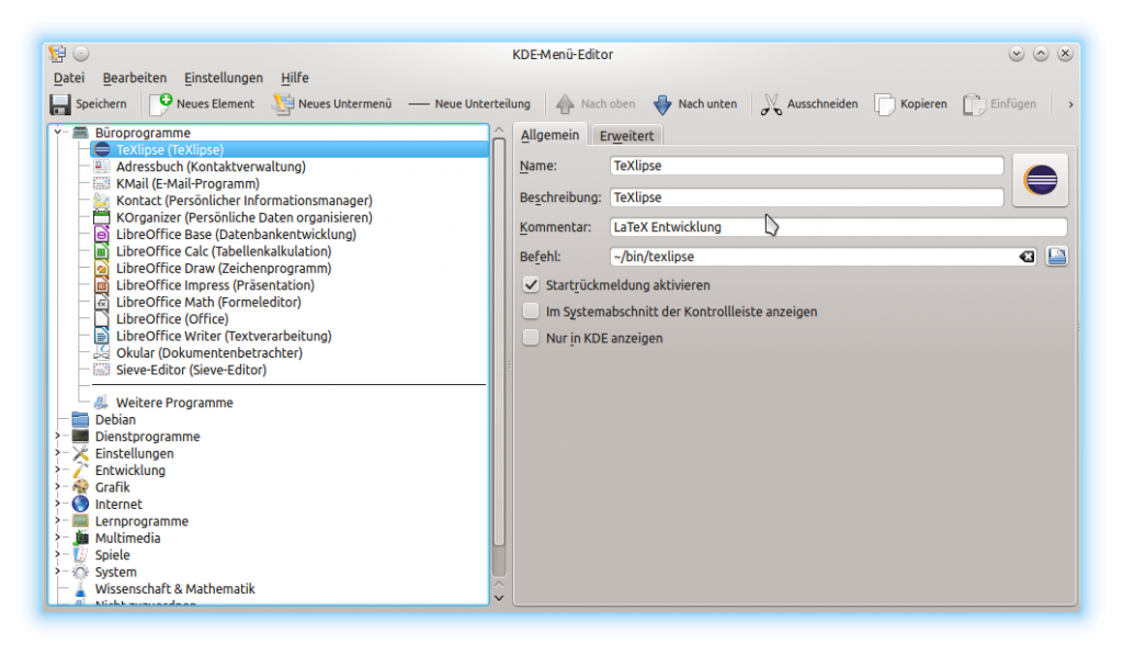 KDE: Link zu TeXlipse im Menü-Editor