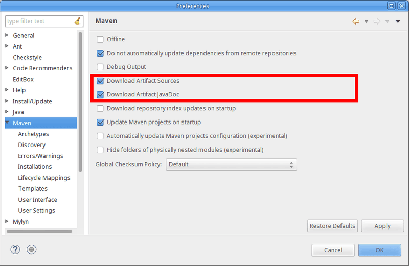 Maven-Eclipse-Plugin (m2e): Setting to download sources and javadoc along with the actual jar file.