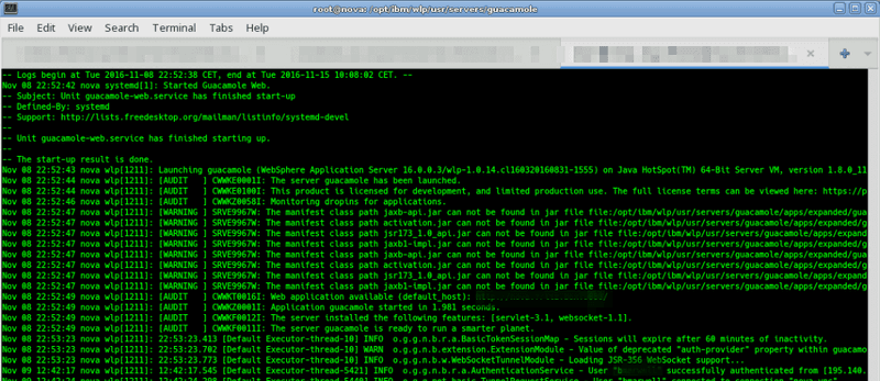 Websphere Liberty Profile im journalctl von systemd, es läuft Guacamole.