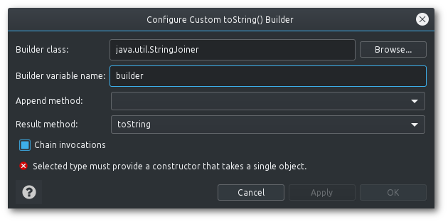 Eclipse: toString template Dialog