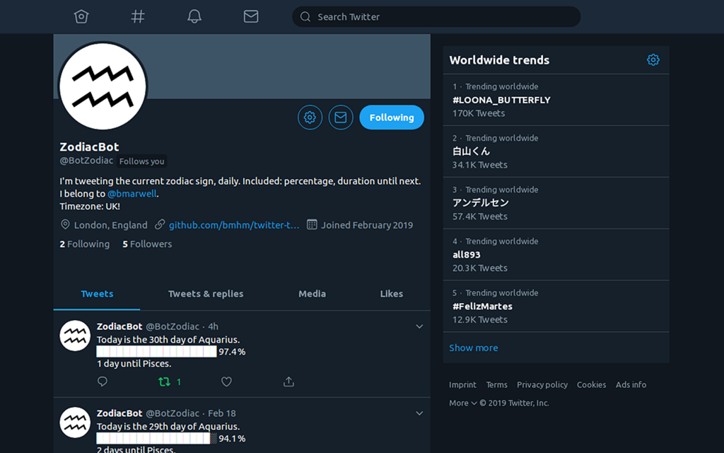 Screenshot of the Account BotZodiac taken on the twitter timeline page.