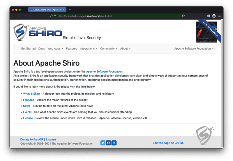Screenshot of the Apache Shiro website with a "Edit this page on GitHub" link at the bottom (footer).