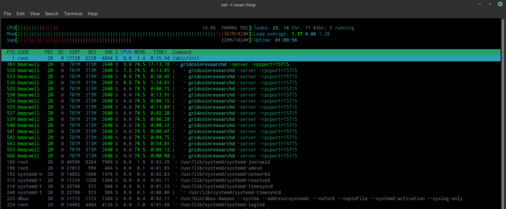 Screenshot htop Raspberry Pi and GridCoinResearchd