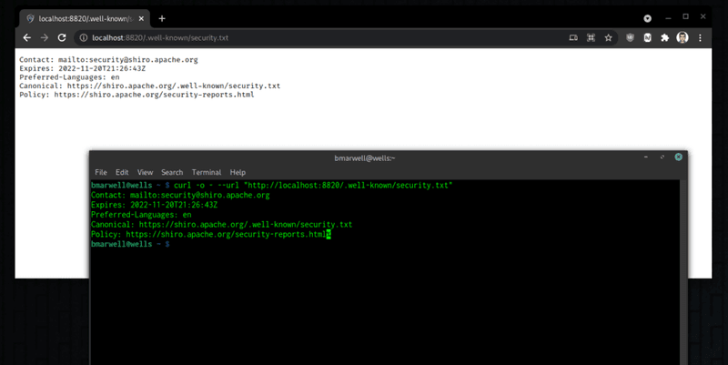 Screenshot from a browser and a terminal. Both show the output of http://localhost:8820/.well-known/security.txt from jbake.