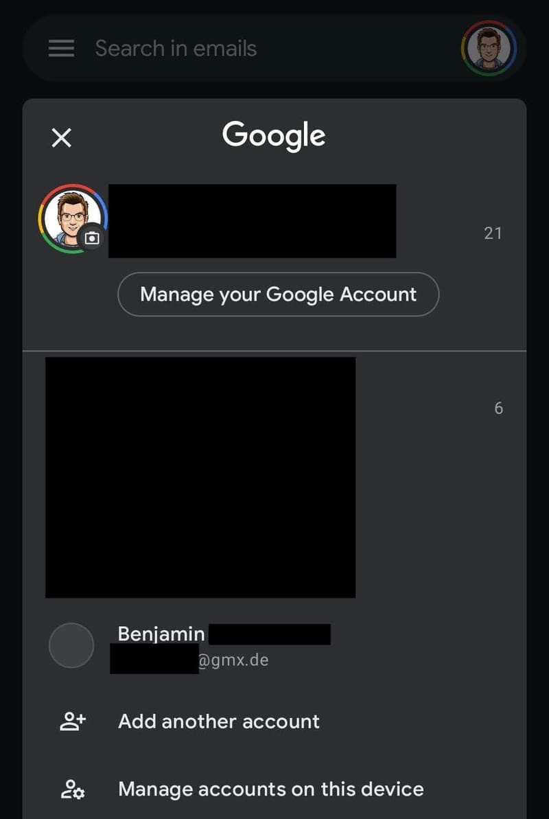 Konto mit GMX-Login ist nun auswählbar in GMail