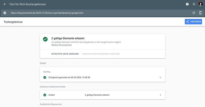 Rich Results Test showing a BlogPosting schema block with zero errors after fixing the broken JSON-LD markup